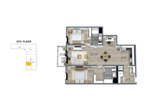 Floor plan for 2 beds, 2 baths, 1222 sqft